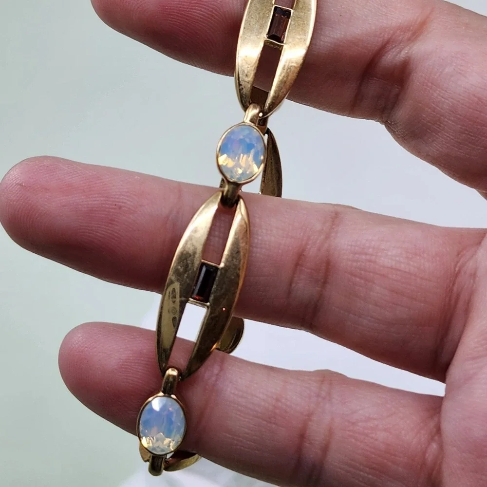 Gold Tone Opalescent Crystal Link Bracelet Brown Baguette Art Deco Statement